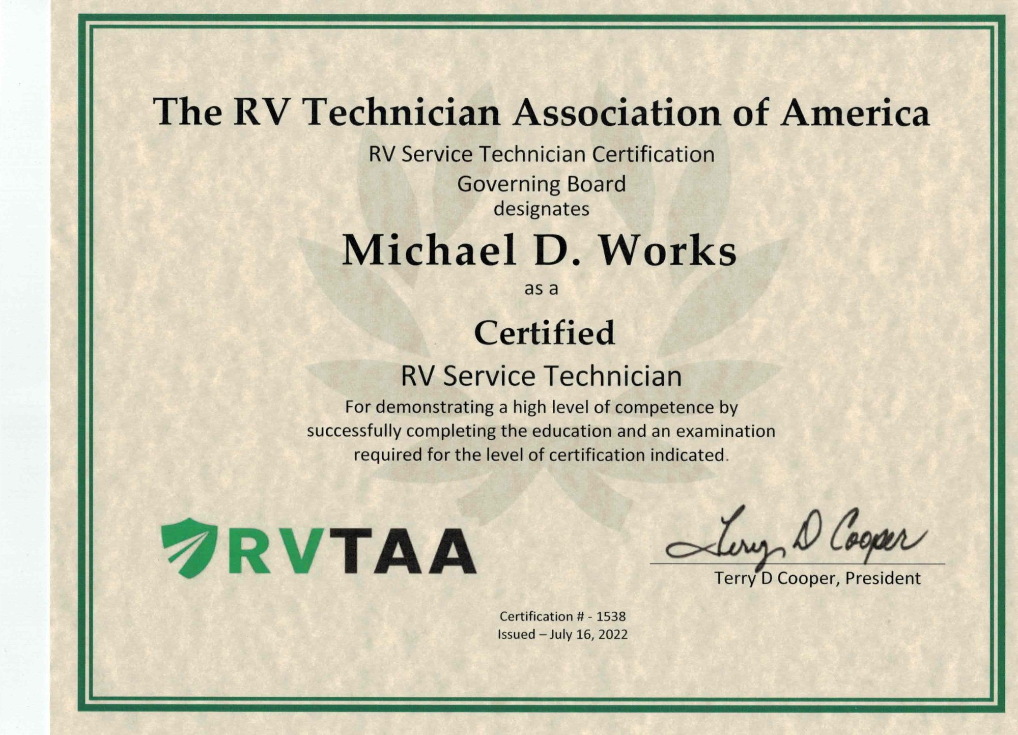 NRVTA / RVTAA certified
