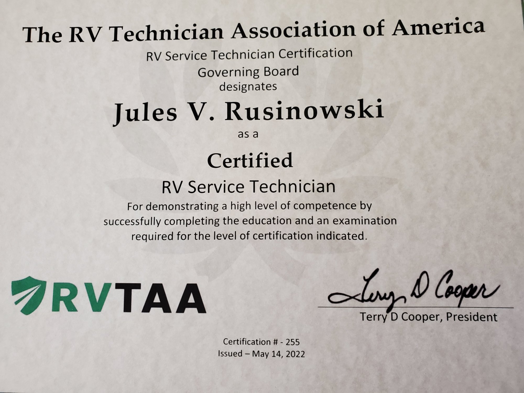 NRVTA / RVTAA certified