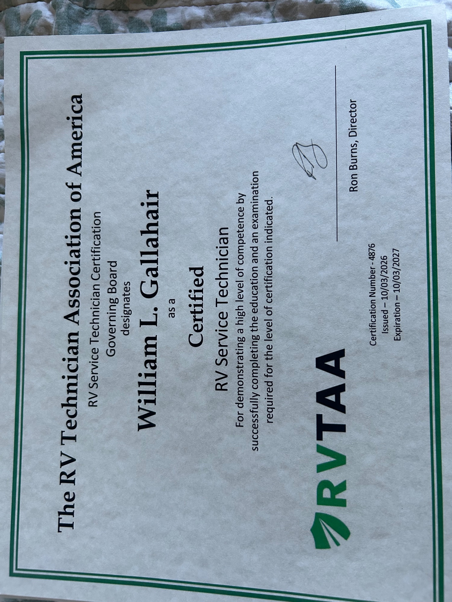 NRVTA / RVTAA certified