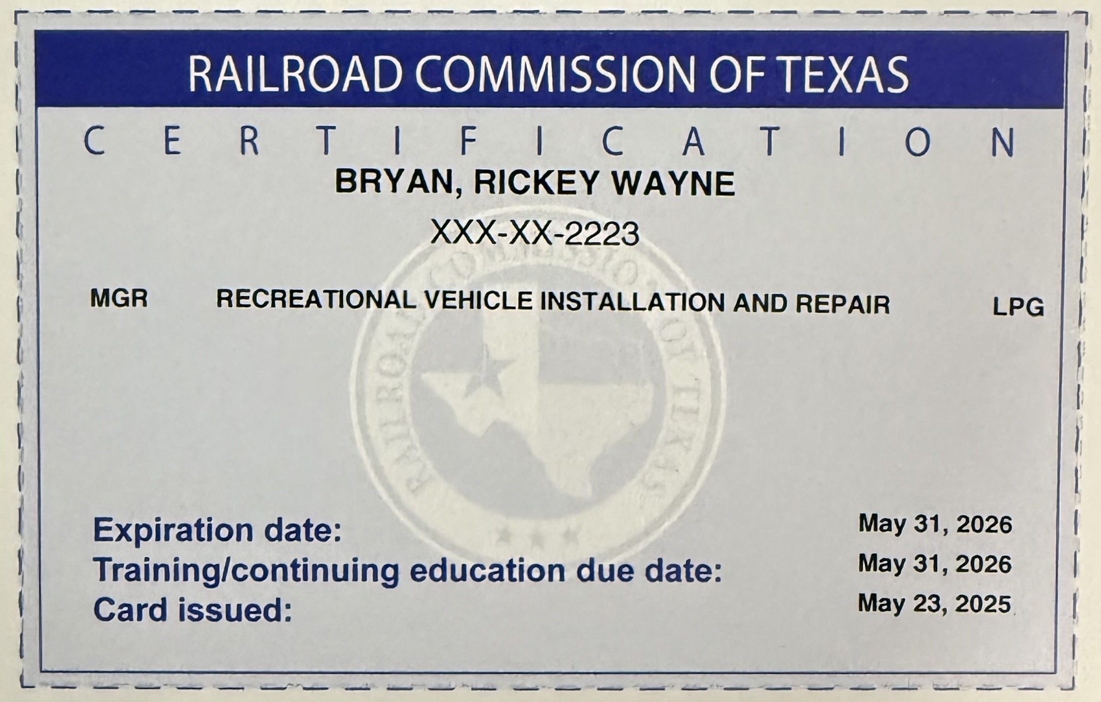 LP gas license certified