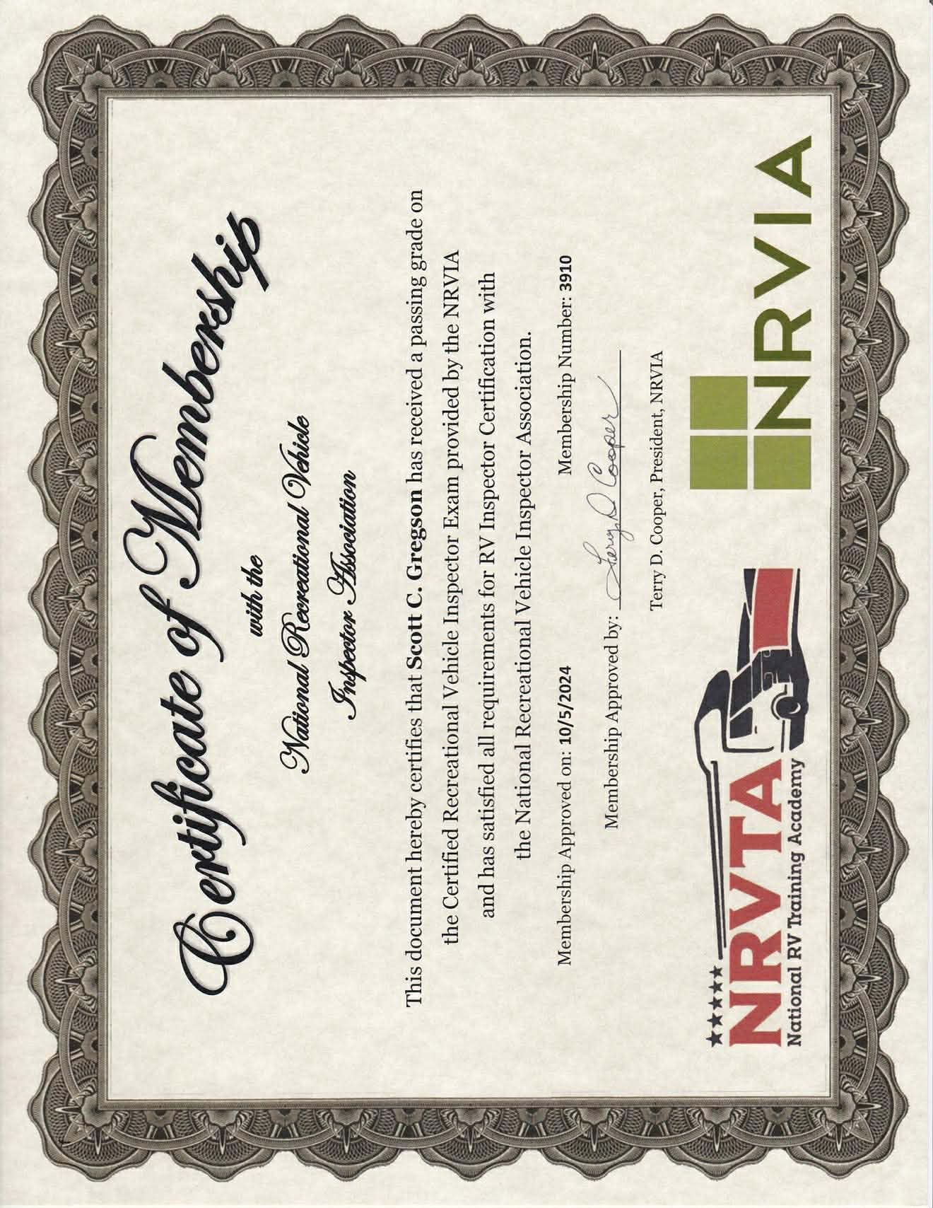 NRVIA RV Inspector Certification - Scott Gregson