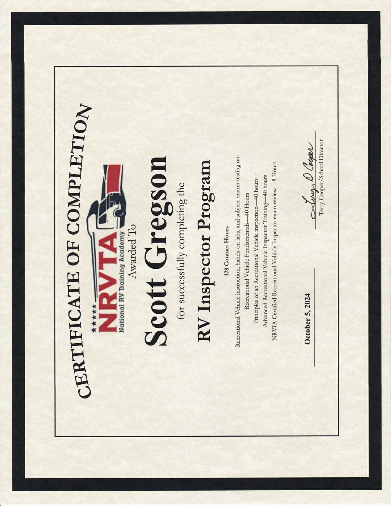 RV Inspector Certificate - Scott Gregson