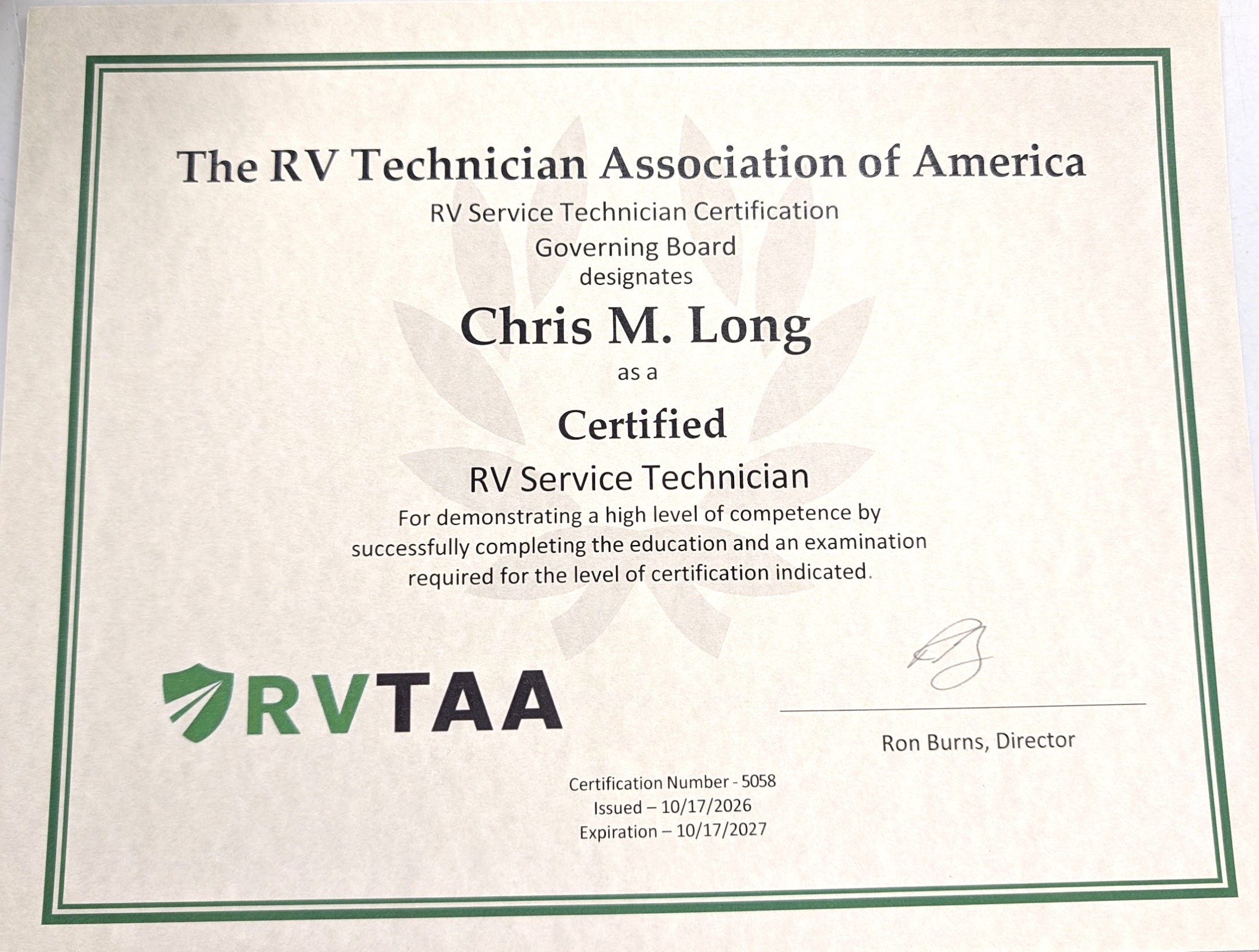NRVTA / RVTAA certified