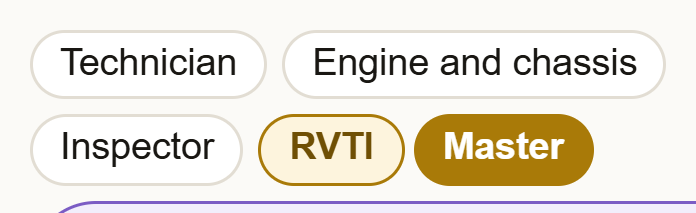 Three grey badges: Technician, Engine and chassis, Inspector.