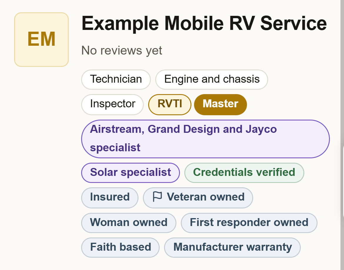 A listing card showing every kind of badge: grey Technician, Engine and chassis and Inspector, a gold RVTI with a solid-gold Master, a purple Airstream and Solar specialist, a green Credentials verified, and blue-grey Insured, Veteran owned with a small flag, Woman owned, First responder owned, Faith based and Manufacturer warranty.