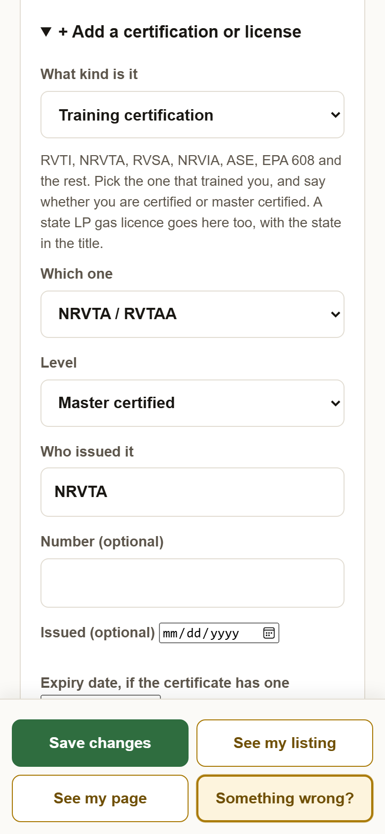 The Add a certification or license form open: What kind is it, Which one, Level, Who issued it, Number, Issued and Expiry date.