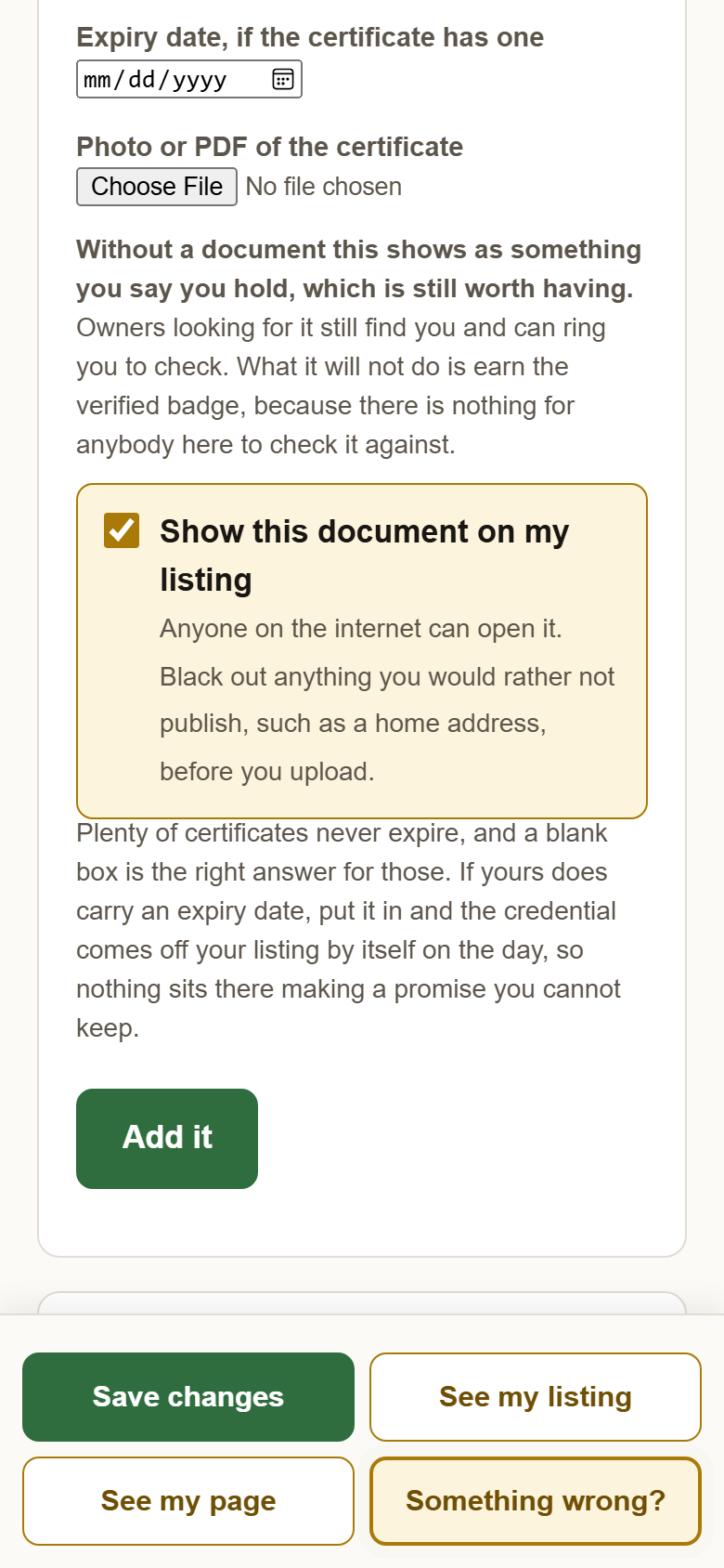 The lower half of the form: Expiry date, Photo or PDF of the certificate, Show this document on my listing, and the Add it button.