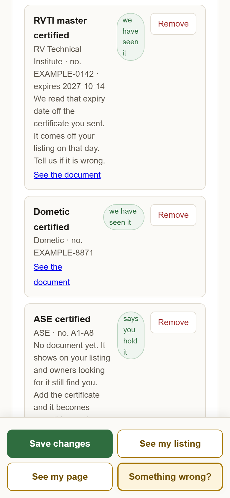 Three credentials on the profile: RVTI master certified and Dometic certified marked we have seen it, and ASE certified marked says you hold it with a note that there is no document yet.