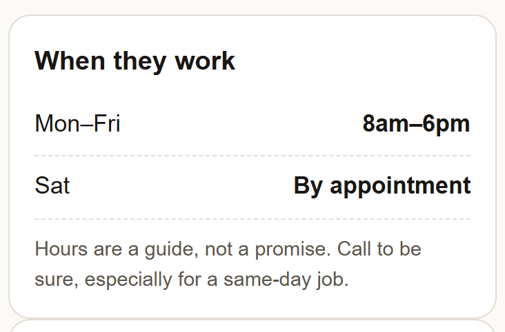 The When they work card on a technician's page: Mon to Fri 8am to 6pm, Sat By appointment, and the guide line.