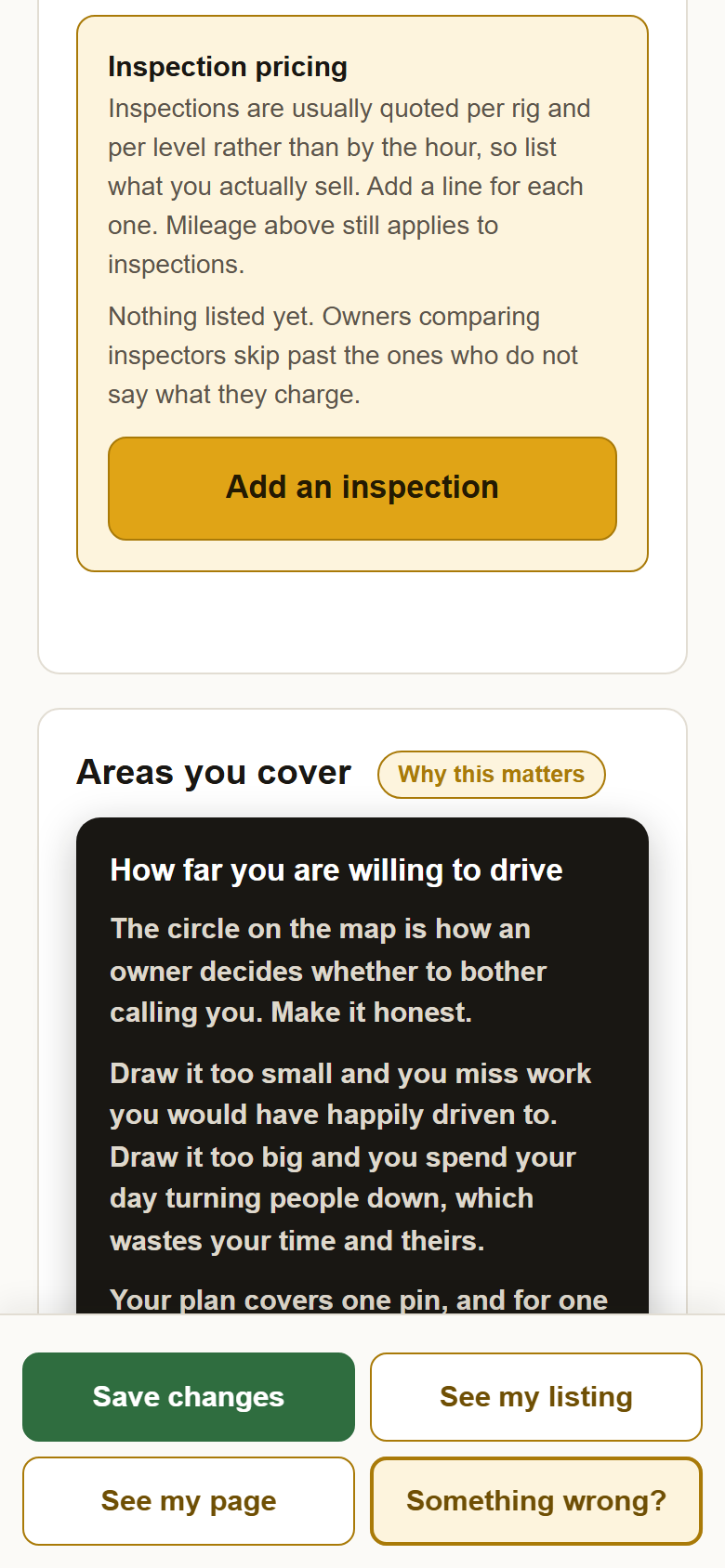 The Inspection pricing box on the profile, with the line Nothing listed yet and the Add an inspection button.