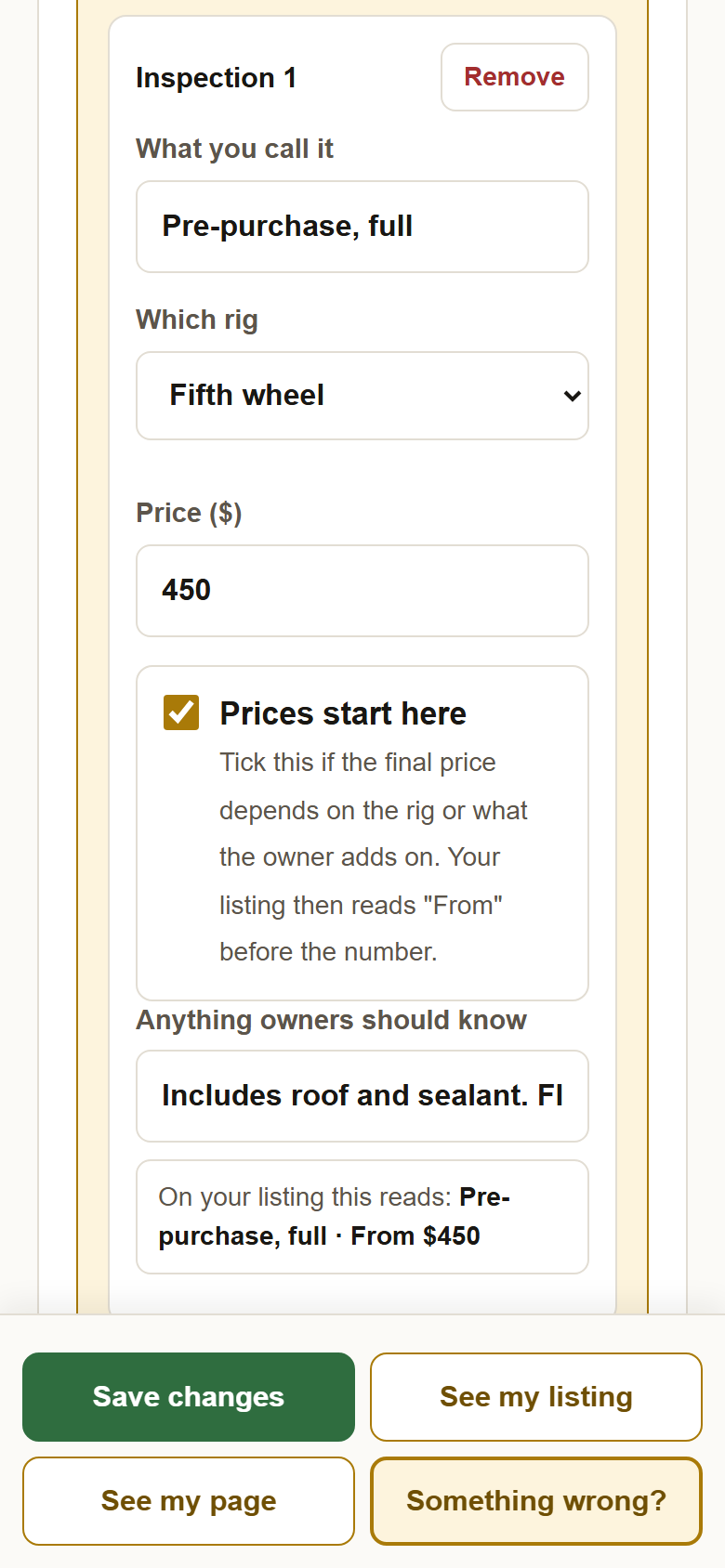 An inspection card filled in: Pre-purchase, full; Fifth wheel; 450; Prices start here ticked; a note; and the line On your listing this reads Pre-purchase, full, From $450.