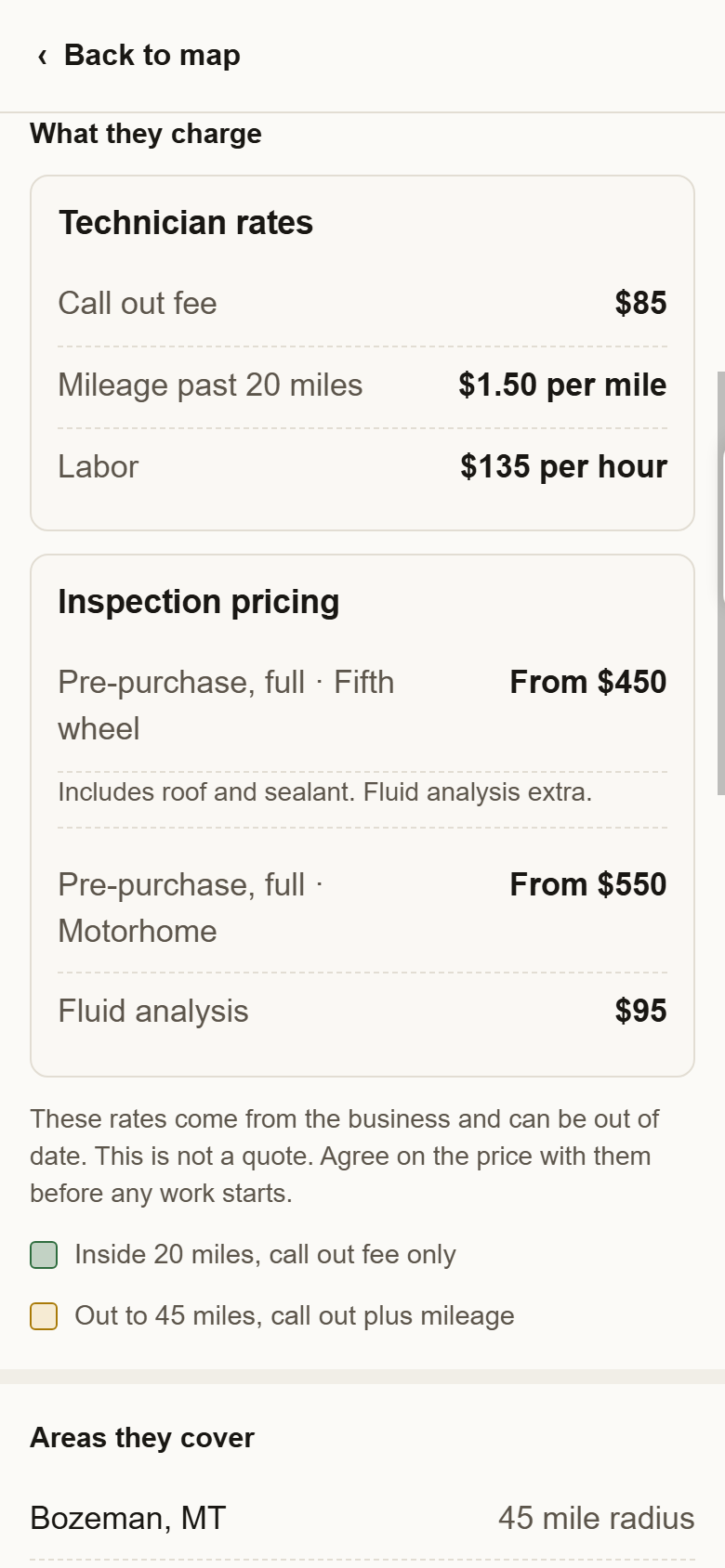 The What they charge section of a listing: a Technician rates box, then an Inspection pricing box with three lines, Pre-purchase full for a fifth wheel From $450, for a motorhome From $550, and Fluid analysis $95.