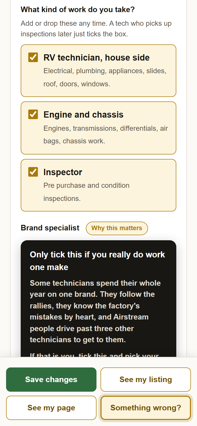 What kind of work do you take, with three tick boxes: RV technician, Engine and chassis, and Inspector.