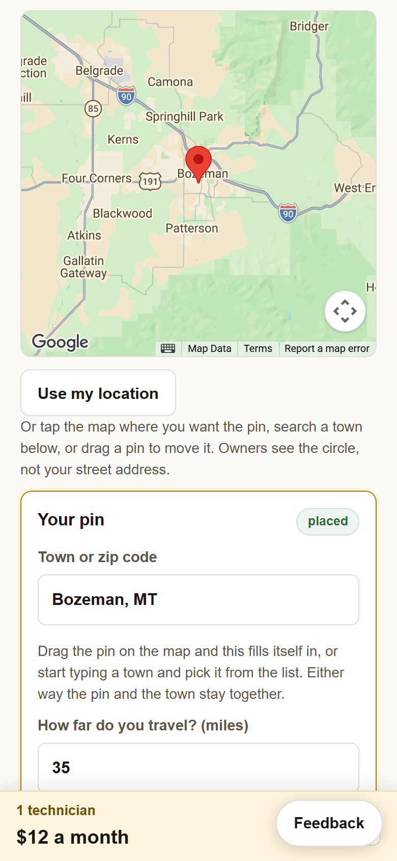 The service area map with a pin on Bozeman, the town box reading Bozeman, MT, and the miles box.