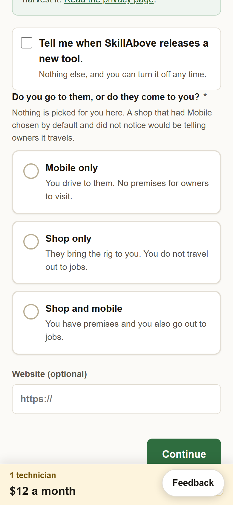 Three cards: Mobile only, Shop only, Shop and mobile, and the Continue button.
