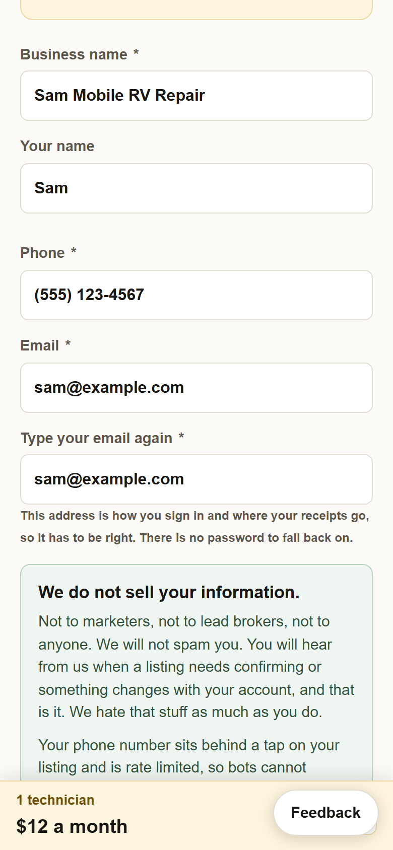 The details boxes filled in: business name, your name, phone, email, and the email typed again.