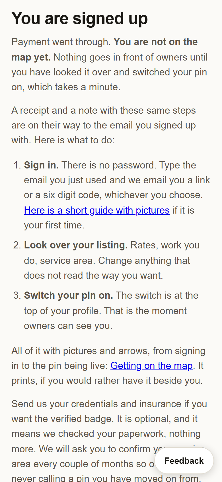 The page after paying: a tick, You are signed up, and the line You are not on the map yet.