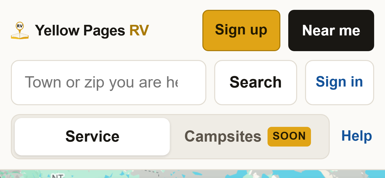 The top of the map page. Sign up is the amber button at the top right.