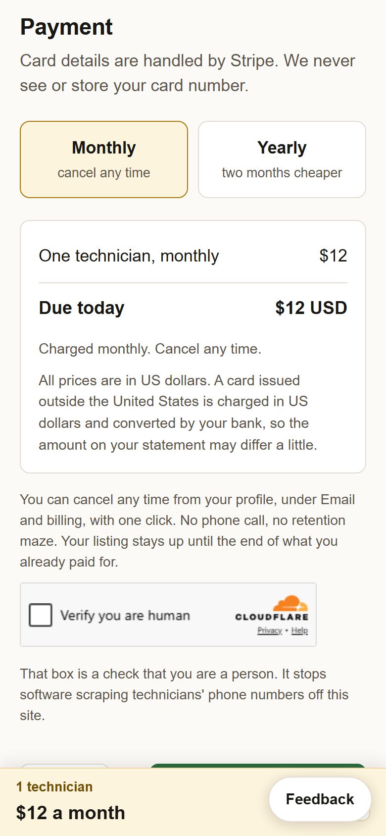 The payment step: Monthly and Yearly cards, the price box reading Due today $12 USD, and the Verify you are human box.