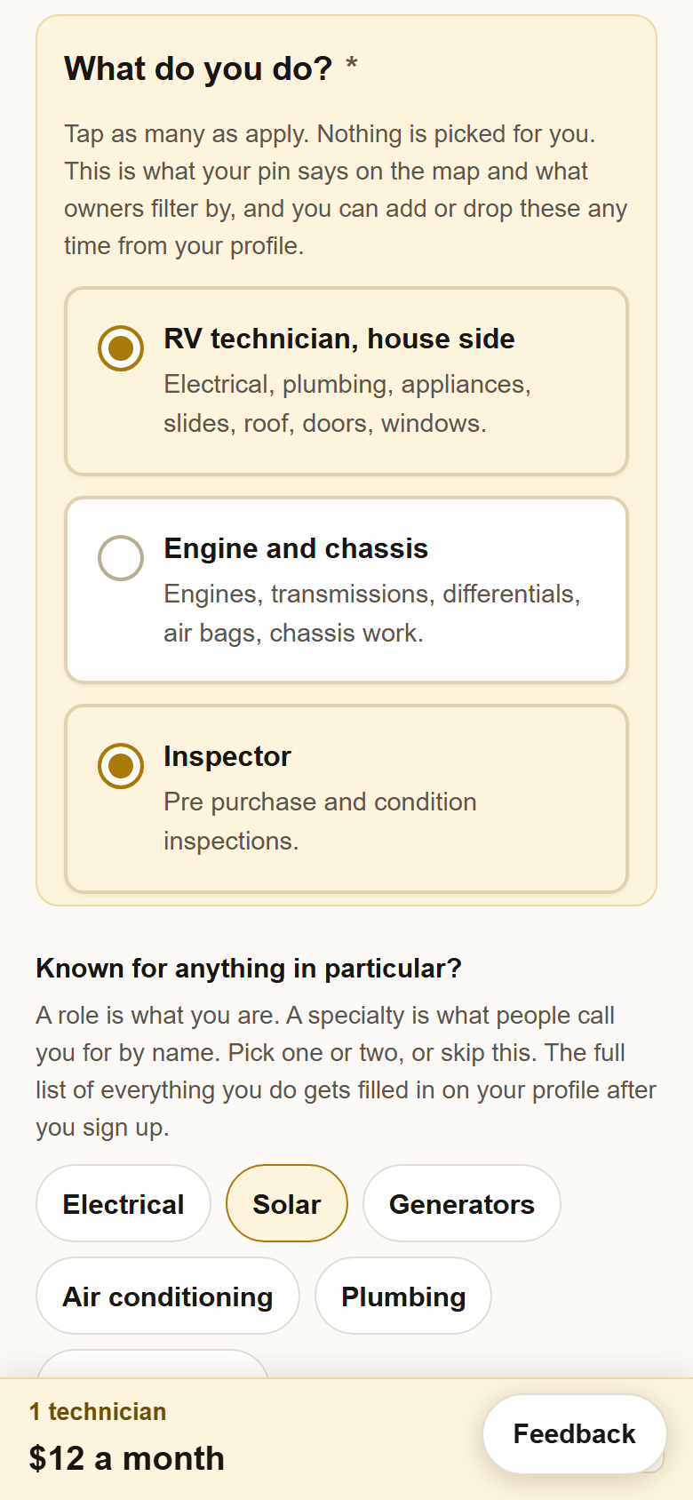 What do you do, with RV technician and Inspector picked, and Known for anything in particular with Solar picked.