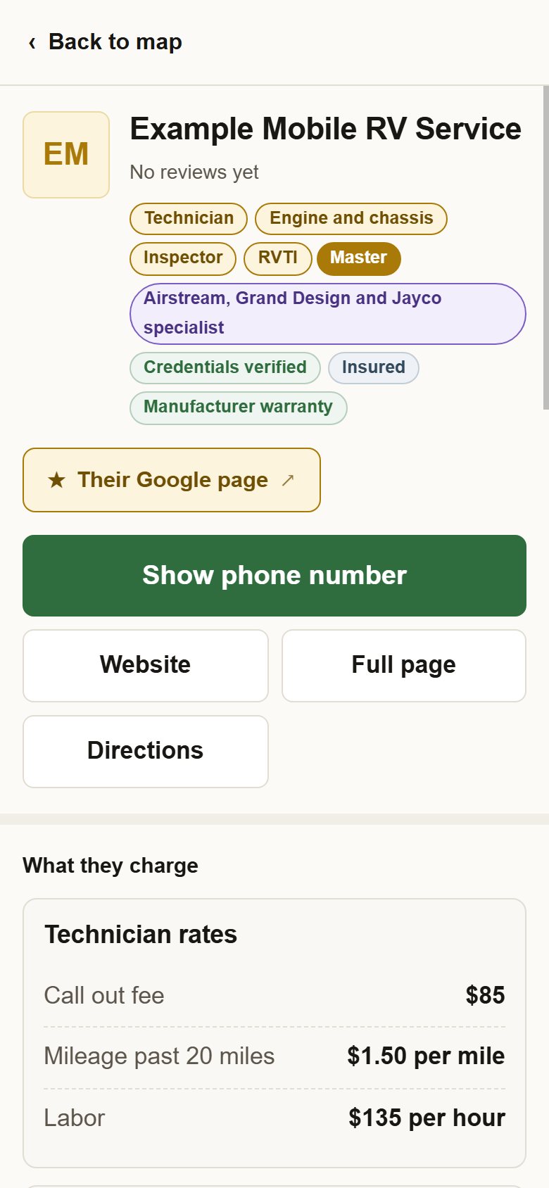 An open listing showing the badge row, a link to their Google page, and a green Show phone number button.