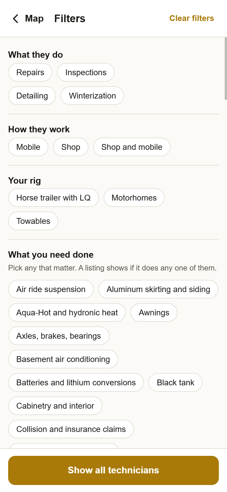 The Filters page: What they do with Repairs, Inspections, Detailing and Winterization, then How they work, Your rig and the start of What you need done, with Show all technicians at the bottom.