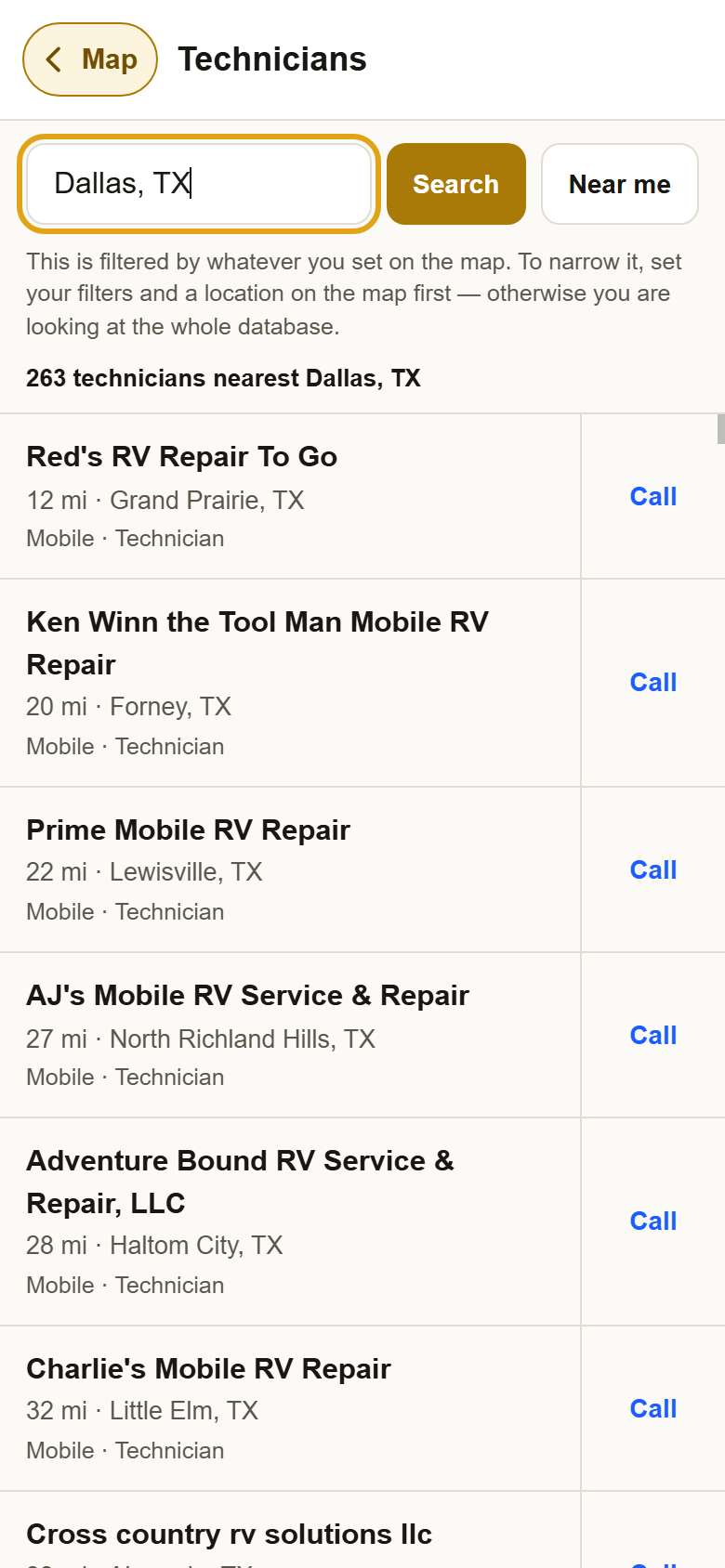 The list sorted nearest Dallas, TX: each row with its miles, town, mobile or shop, and a Call link.