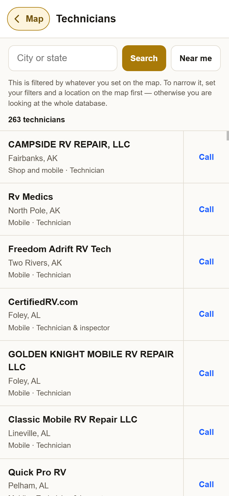 The list view: a Map button at the top left, a search box with Search and Near me, and rows of technicians with a Call link on each.