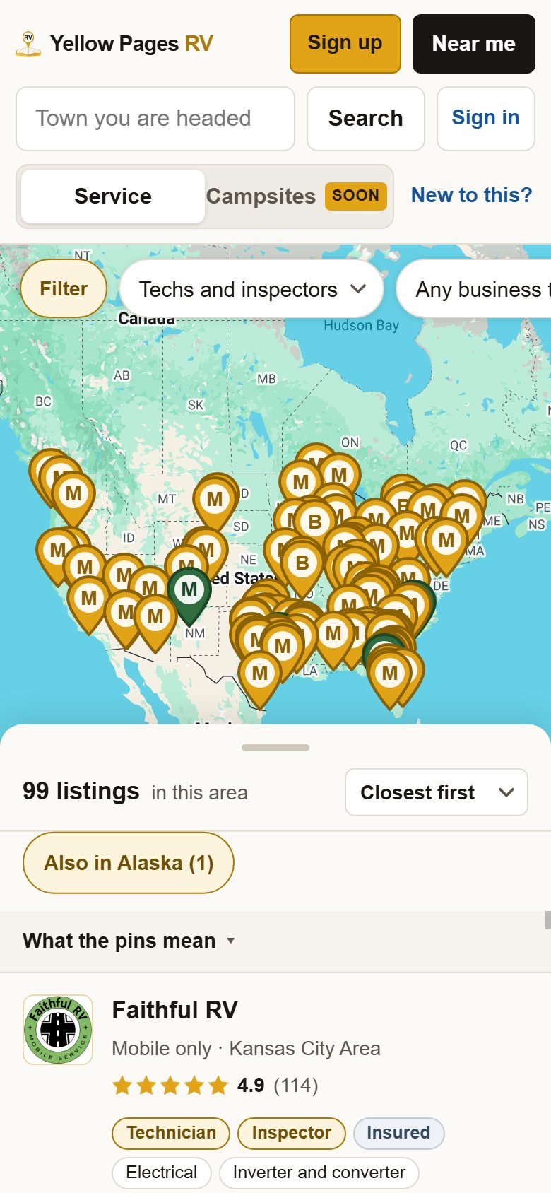 The map as it opens, showing technician pins across the United States, with a list of listings below it.