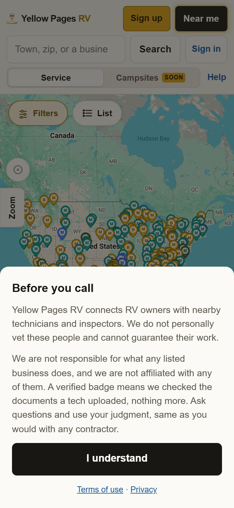 The map with the Before you call notice over it and the black I understand button.