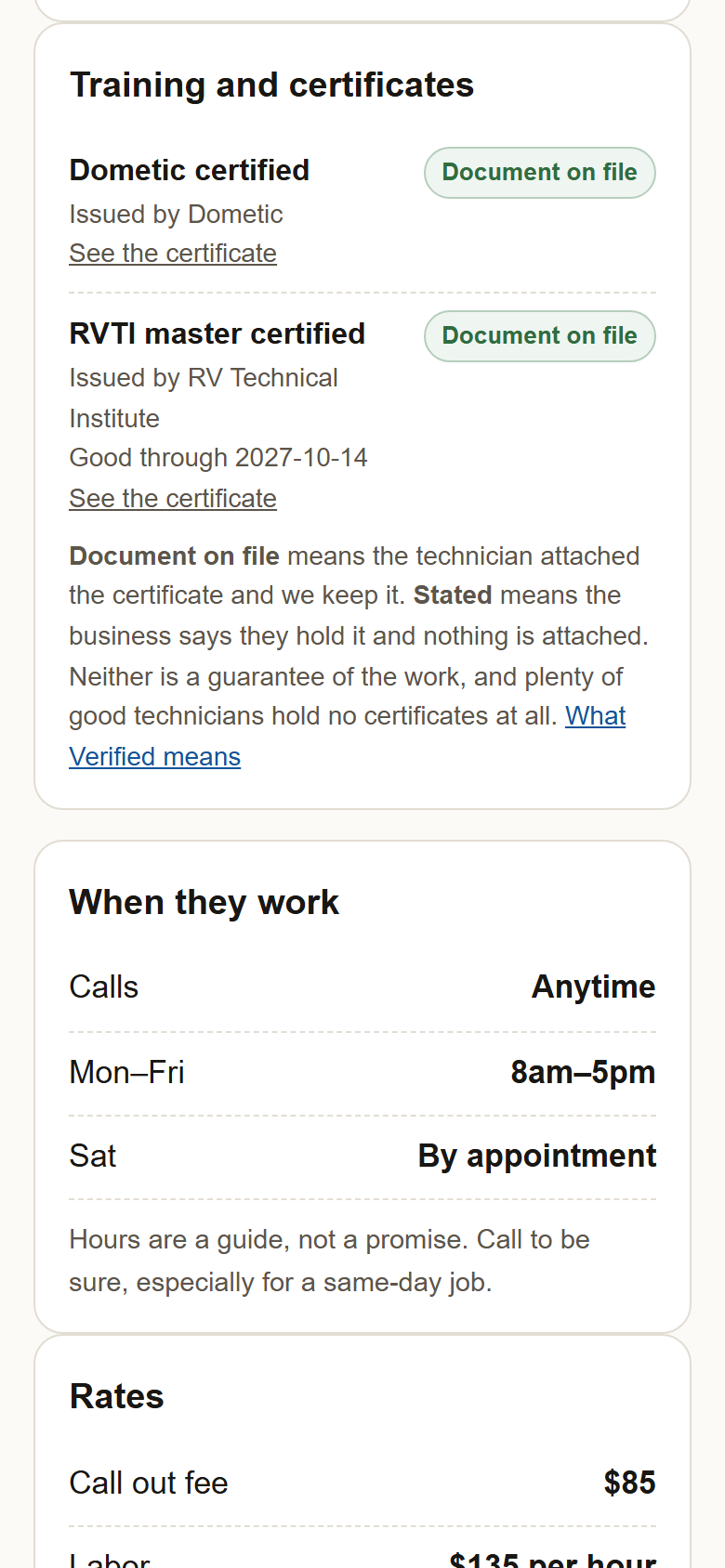 Training and certificates marked Document on file, then When they work: Calls Anytime, Mon to Fri 8am to 5pm, Sat by appointment.