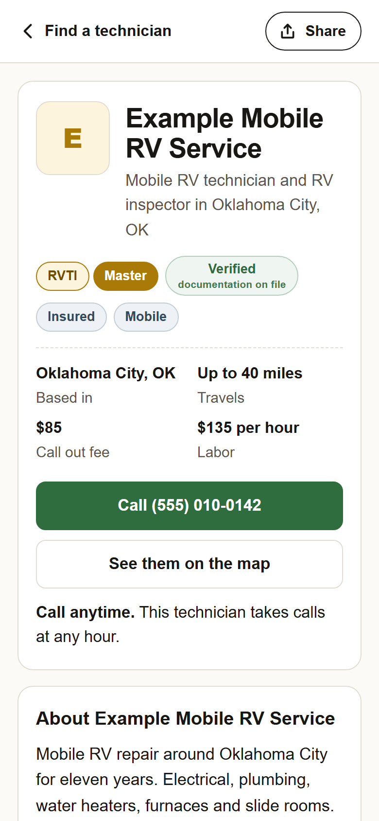 The top of a technician's page with the green Call button showing their number, and Call anytime under the buttons.