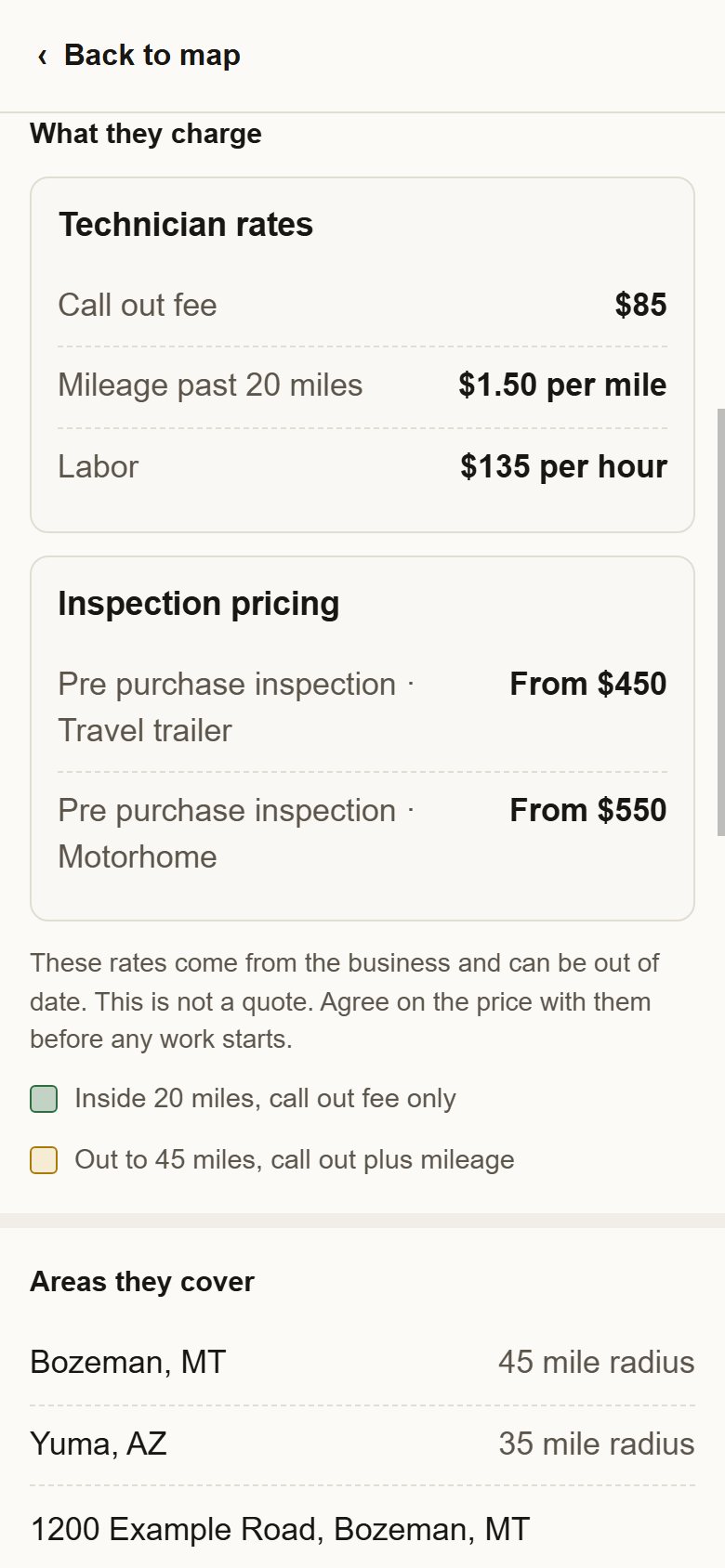 The What they charge section of a listing, showing a call out fee, mileage, labour per hour and inspection pricing.