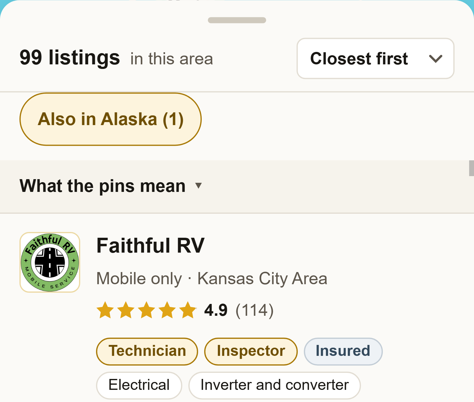 The results list showing a technician with their name, that they are mobile only, their area, a star rating and a row of badges.