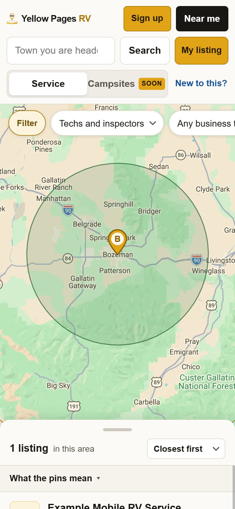 The map with one technician selected, showing a shaded circle drawn around their pin.