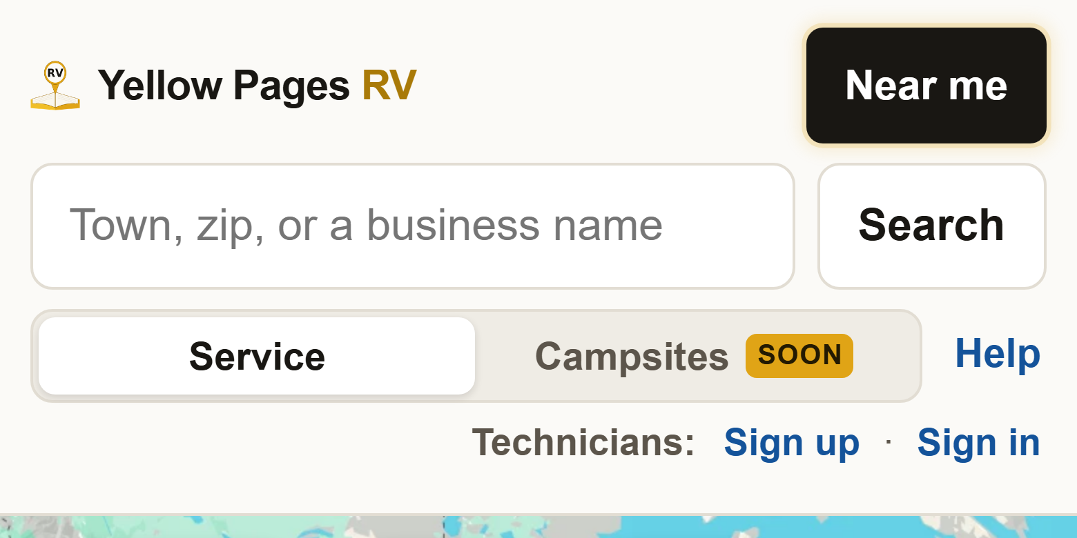 The top of the map page. Under Help, a small line reads Technicians: Sign up, Sign in.