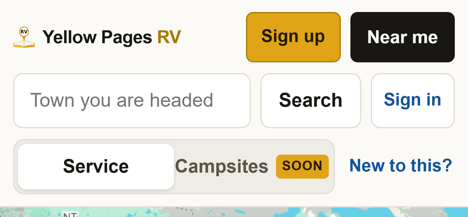 The top of the map page: a search box reading Town you are headed to, a Search button, a Near me button, and Sign up and Sign in links.