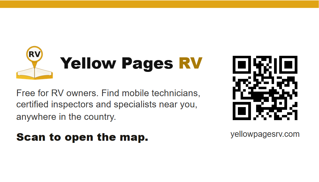One business card back: an amber band, the Yellow Pages RV mark and name, the sentence Free for RV owners, Scan to open the map, and a QR code.
