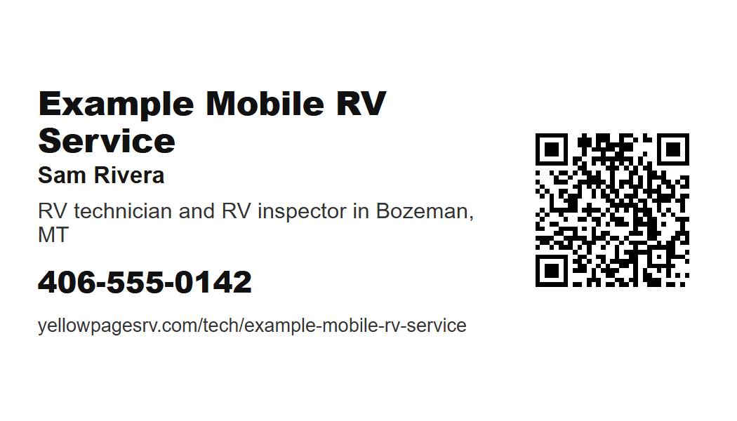 One business card front: business name, the technician's name, the role line, a phone number, the page address, and a QR code at the right.