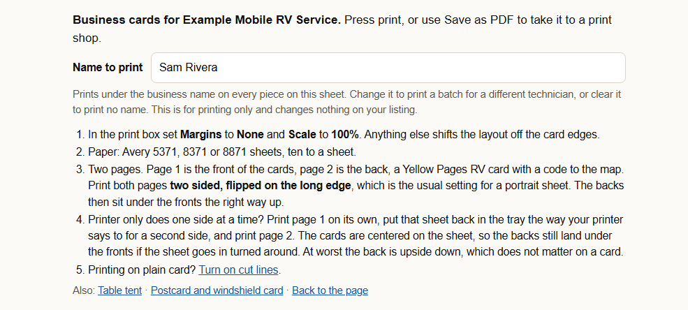 The instruction box at the top of the cards page, with the Name to print box reading Sam Rivera and five numbered instructions.