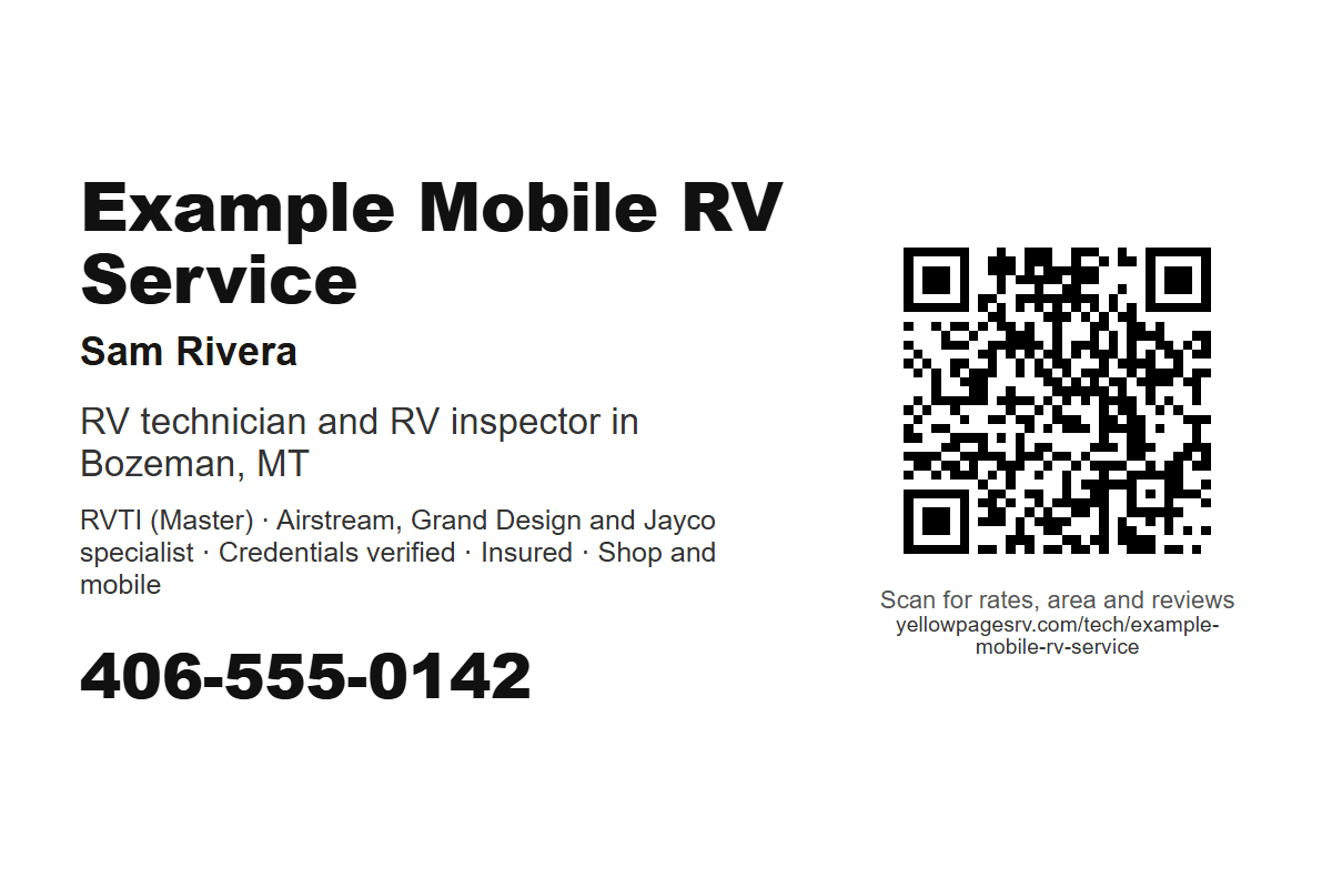 One postcard: business name, the technician's name, the role line, a badge line, a phone number, and a QR code with the scan line and the page address.