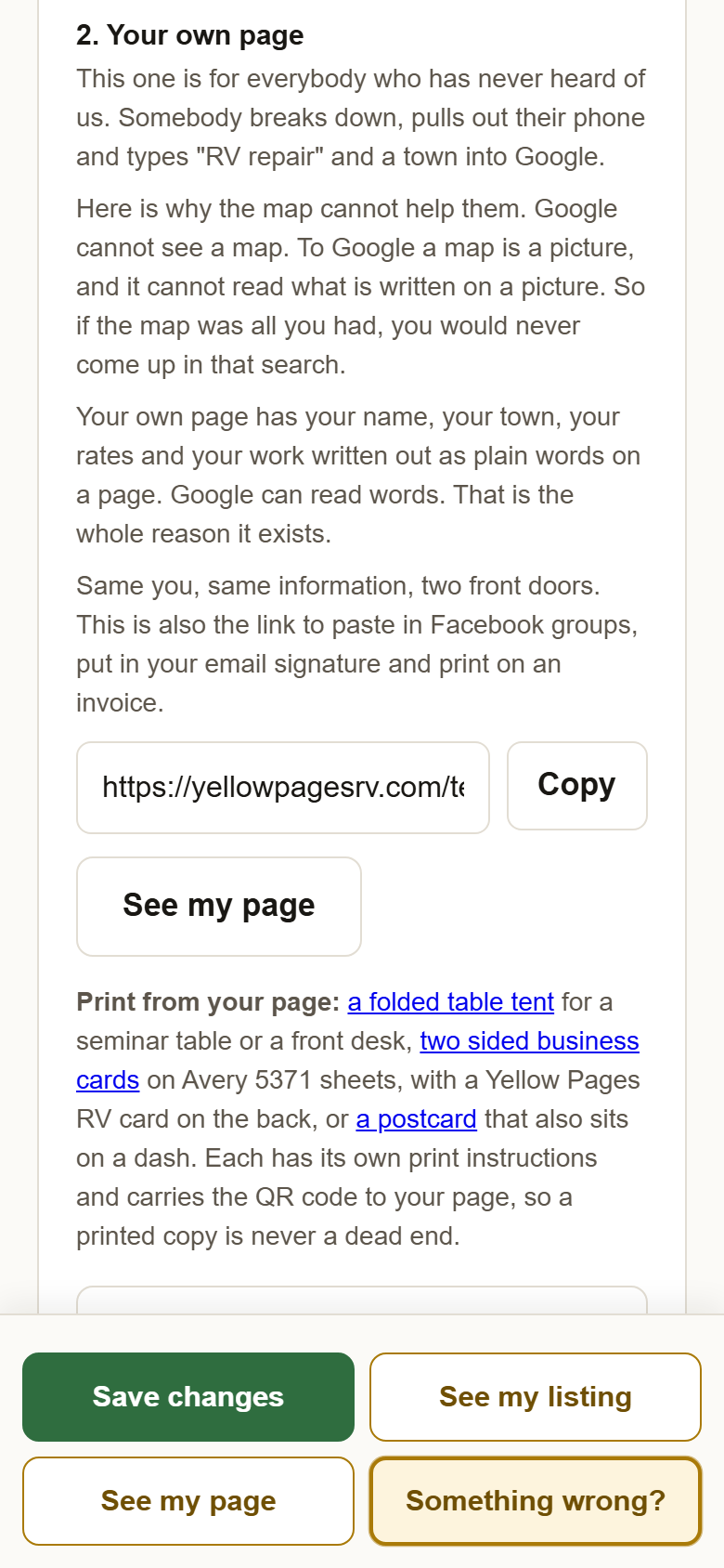 The profile under 2. Your own page, with the paragraph Print from your page and its three links.