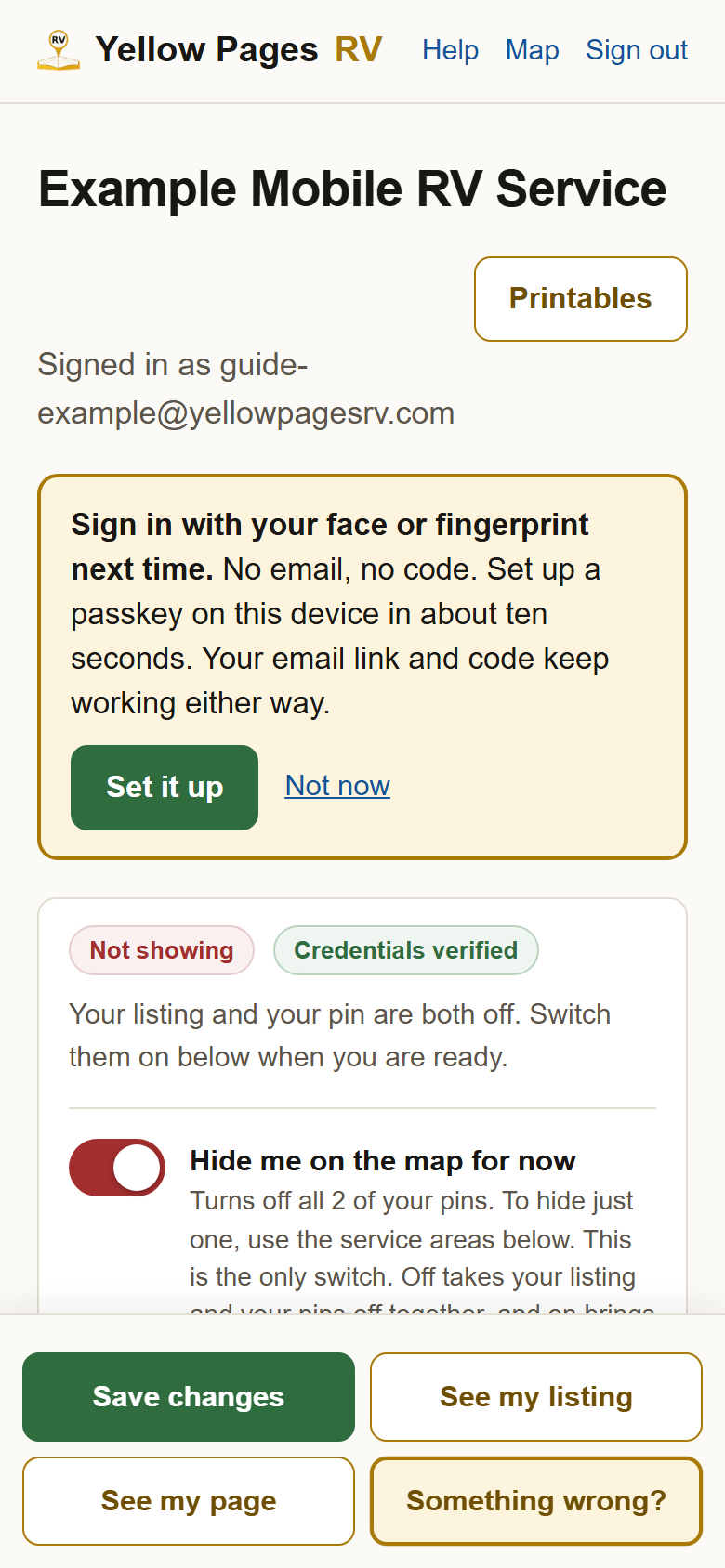 The top of your profile with an amber box: Sign in with your face or fingerprint next time, and a green Set it up button.