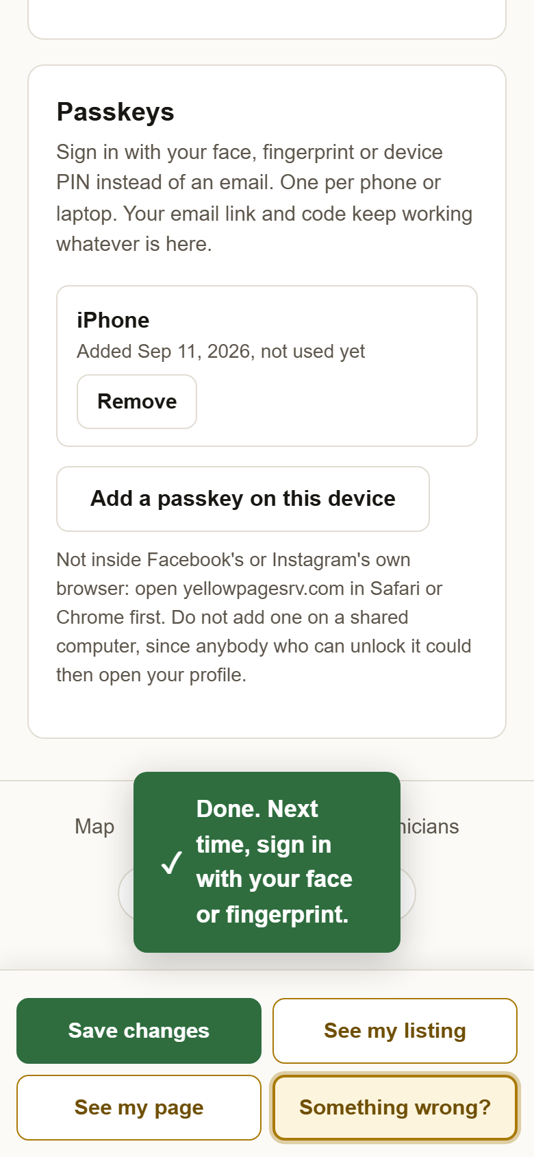 The Passkeys card on your profile: one passkey listed as iPhone with a Remove button, and Add a passkey on this device below it.