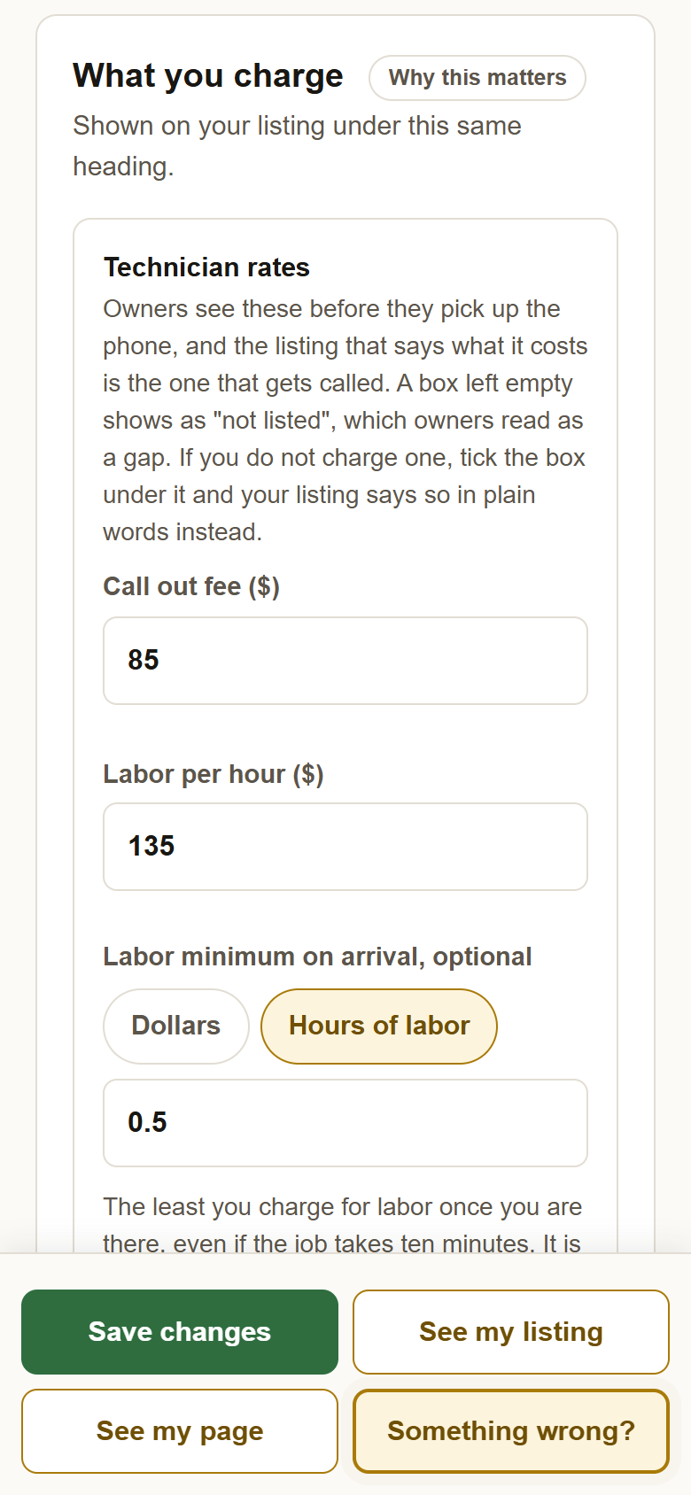 The What you charge card with 85 in the Call out fee box and 135 in Labor per hour.