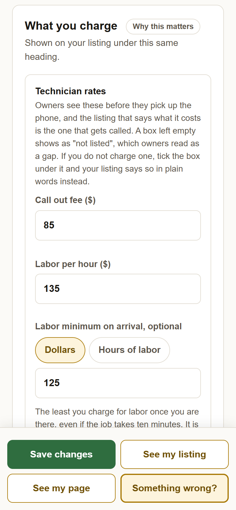The labor minimum with Dollars picked and 125 typed in.