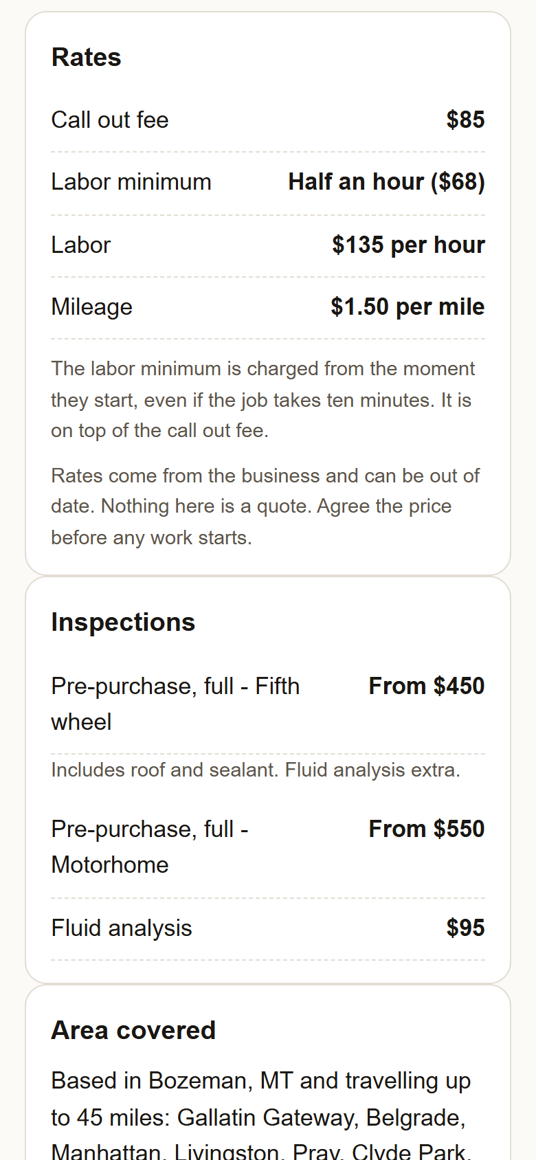 The Rates card on a technician's page: Call out fee, Labor minimum, Labor, Mileage, and the two notes under them.