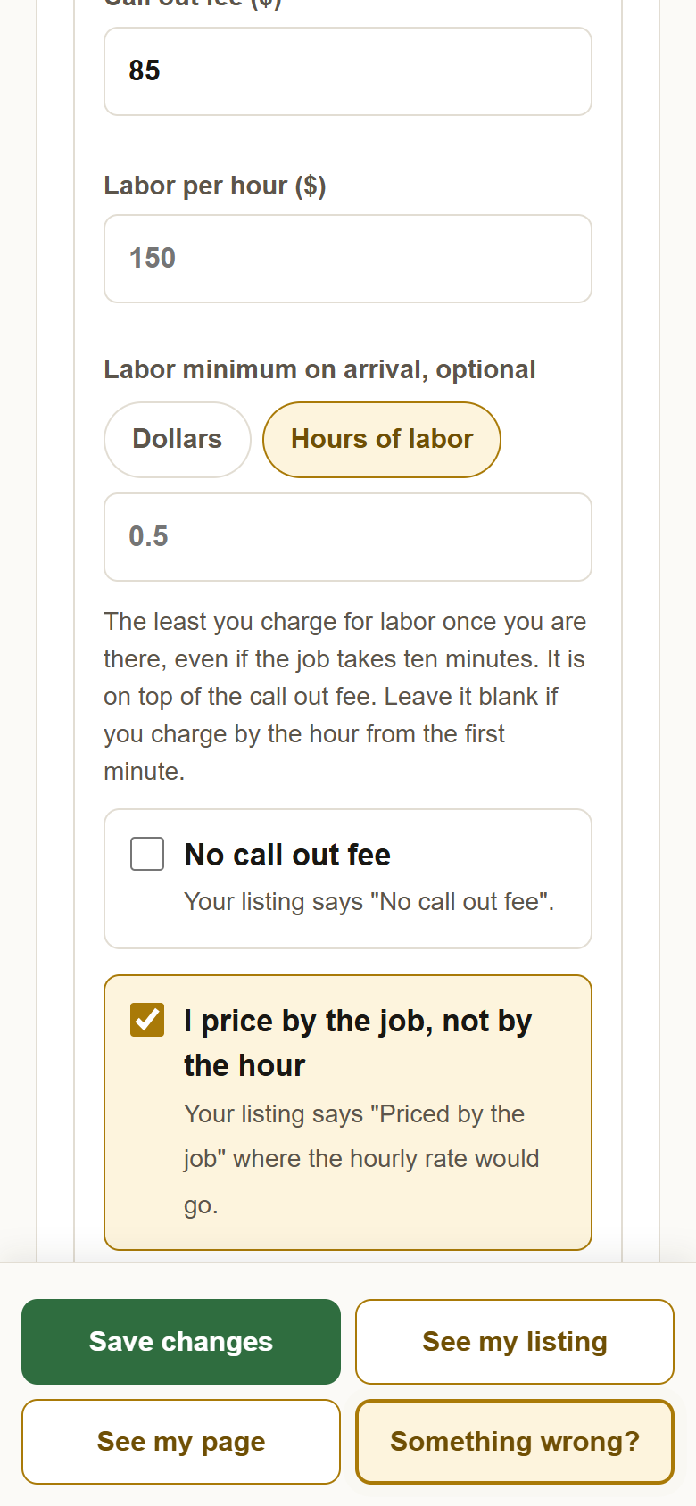 With I price by the job ticked, the Labor per hour box and the labor minimum are greyed out and empty.