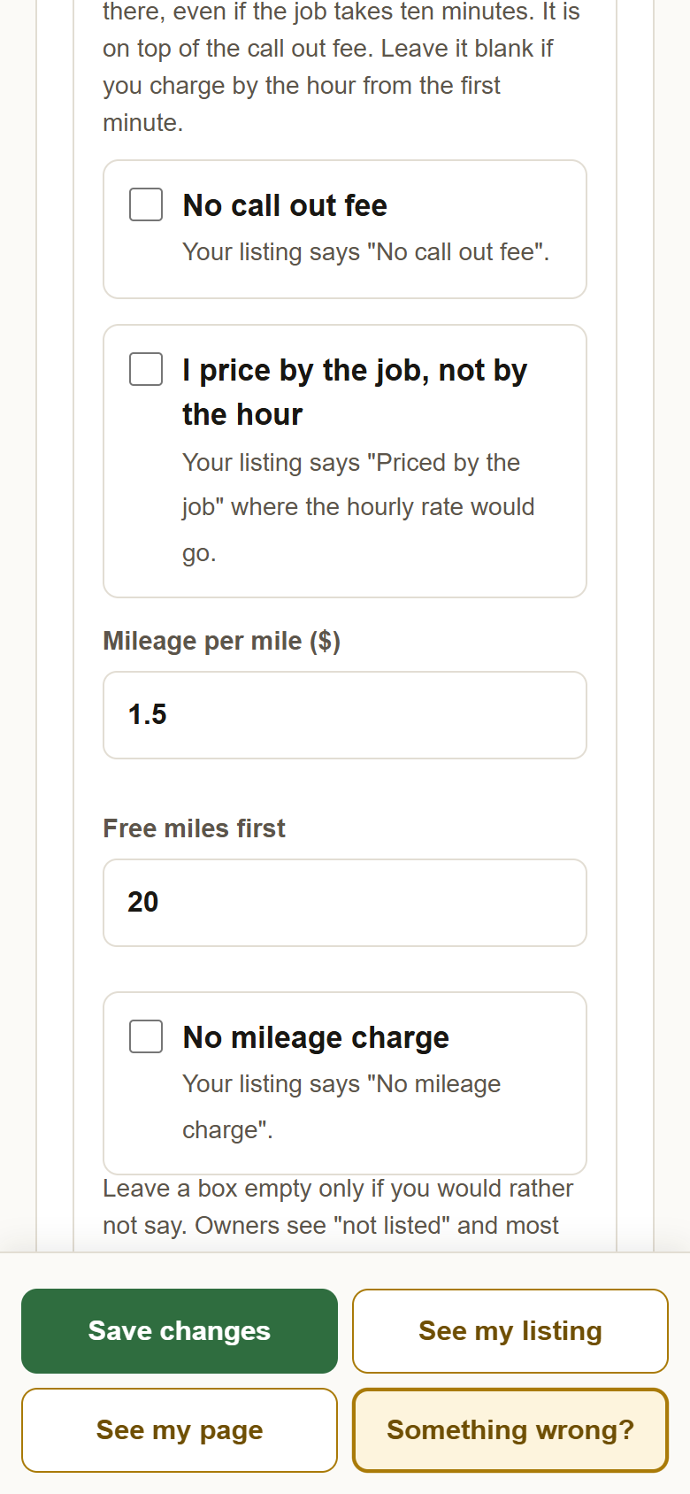 The three tick boxes: No call out fee, I price by the job, and No mileage charge, with the mileage boxes between them.