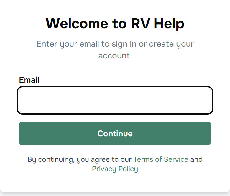 The RVHelp login screen, headed Welcome to RV Help with an email box and a Continue button. This is what everybody else sees if you paste the link from your signed-in dashboard.